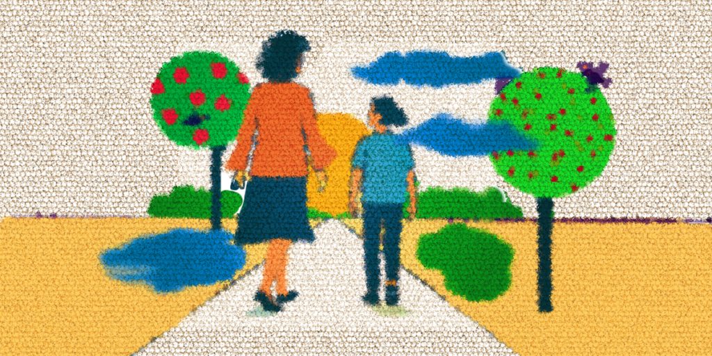 Illustration of a teacher walking side by side with a student toward the horizon, symbolizing learning and mentorship, with trees, birds, and a bright sun.