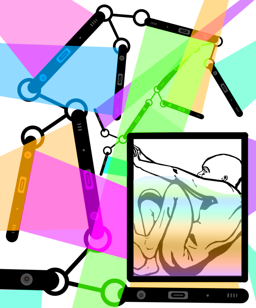 A person confined inside a box, with colorful beams connecting them to multiple phones outside, symbolizing constant digital connection through screens.
