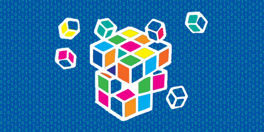 Colorful Rubik’s cube with several pieces floating around it on a background of binary code (0s and 1s), representing problem solving and computational thinking.